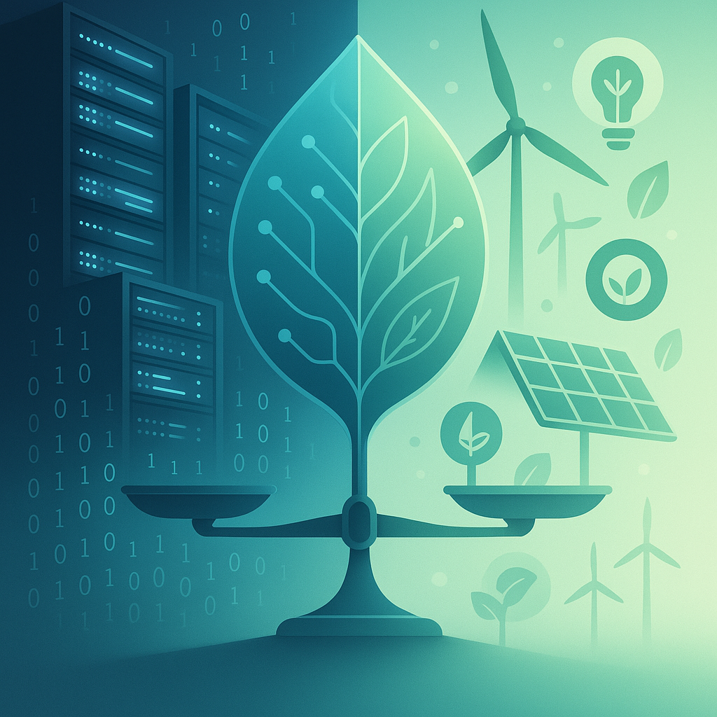 Illustration representing the sustainability paradox of AI Sustainability — balancing data center energy consumption with green technology and eco-friendly neural networks that optimize efficiency.