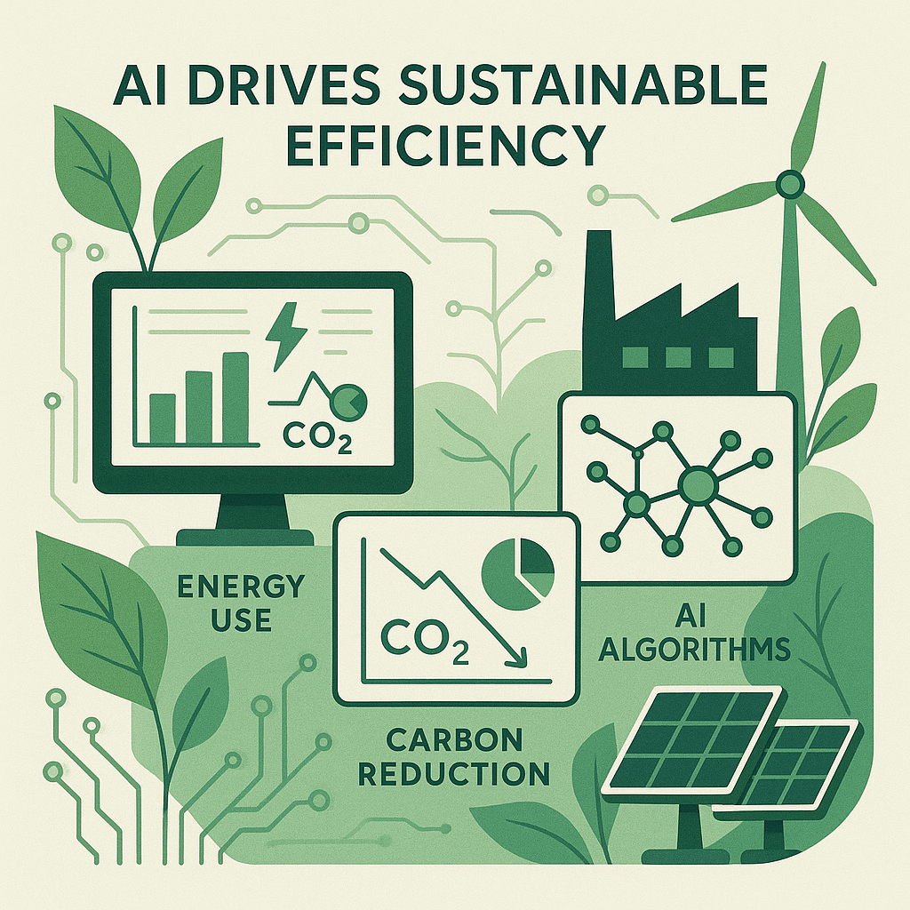 Infographic showing how AI Sustainability solutions improve business efficiency through energy monitoring dashboards, carbon reduction data, and eco-friendly automation powered by artificial intelligence.
