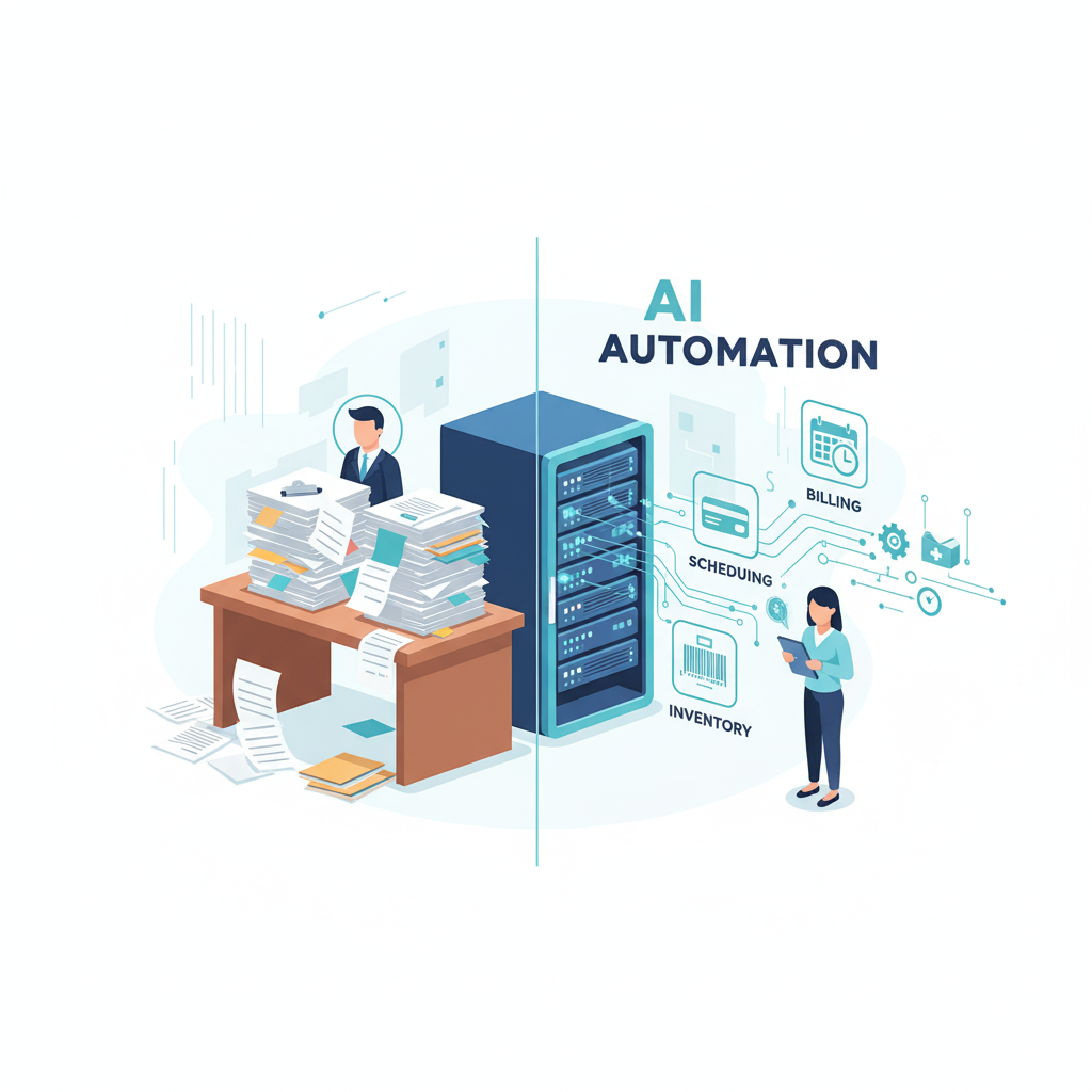 AI-powered administrative efficiency in a hospital, illustrating streamlined digital data flow between departments like billing and scheduling, contrasting with old paperwork. AI in Healthcare concept, blue and teal tones.