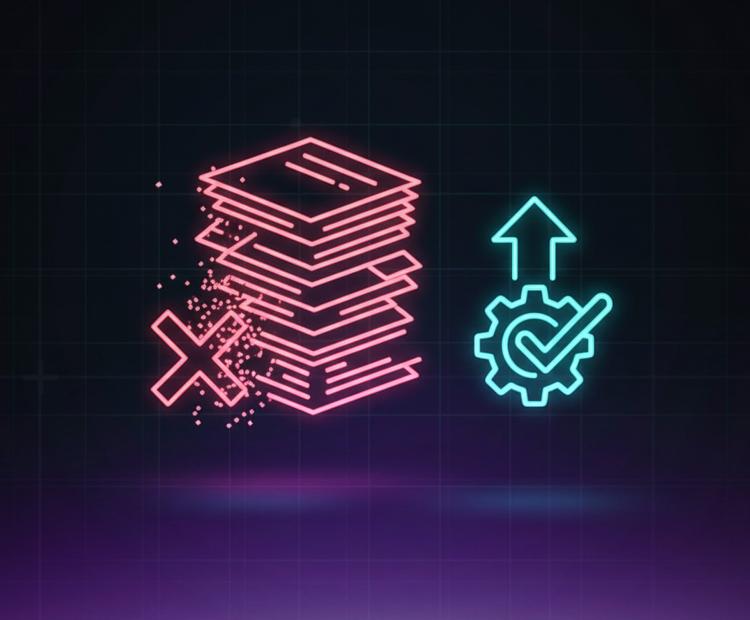 Neon illustration showing automation replacing paperwork — glowing pink stacks of documents with an “X” dissolving on the left, and a blue gear with an upward arrow and check mark on the right, symbolizing efficiency through AI in healthcare operations.