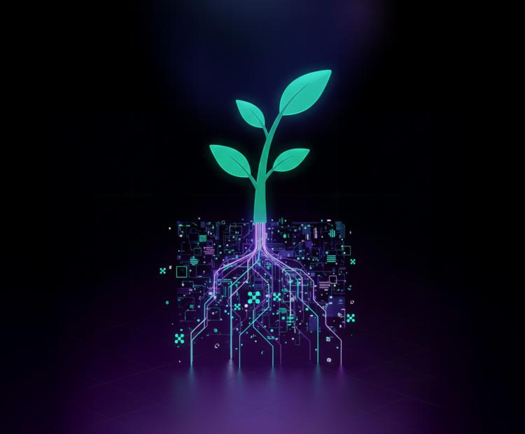 Digital illustration representing AI Sustainability — a green plant growing from illuminated electronic circuits, symbolizing how artificial intelligence supports environmental growth and sustainable technology.