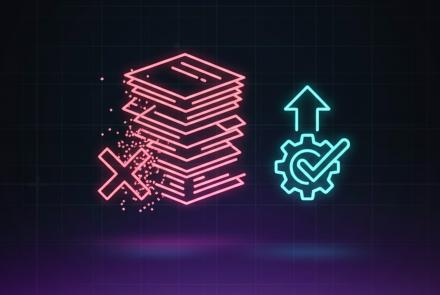 Neon illustration showing automation replacing paperwork — glowing pink stacks of documents with an “X” dissolving on the left, and a blue gear with an upward arrow and check mark on the right, symbolizing efficiency through AI in healthcare operations.