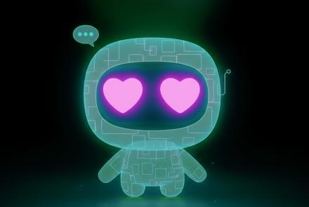 A cute futuristic robot glowing in neon tones with pink heart-shaped eyes, symbolizing Emotional Intelligence in AI and empathy-driven technology.