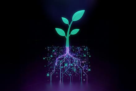 Digital illustration representing AI Sustainability — a green plant growing from illuminated electronic circuits, symbolizing how artificial intelligence supports environmental growth and sustainable technology.
