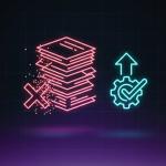 Neon illustration showing automation replacing paperwork — glowing pink stacks of documents with an “X” dissolving on the left, and a blue gear with an upward arrow and check mark on the right, symbolizing efficiency through AI in healthcare operations.