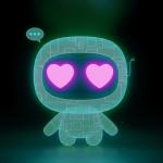 A cute futuristic robot glowing in neon tones with pink heart-shaped eyes, symbolizing Emotional Intelligence in AI and empathy-driven technology.