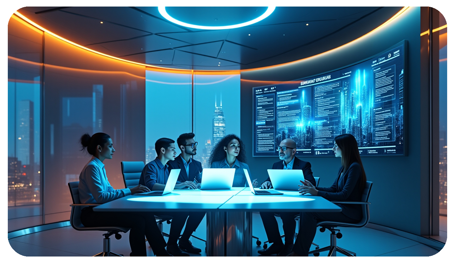 AI and Business Productivity: Unlocking New Potential 4 A futuristic meeting room where an AI system actively transcribes, summarizes, and assigns action items to participants in real time.