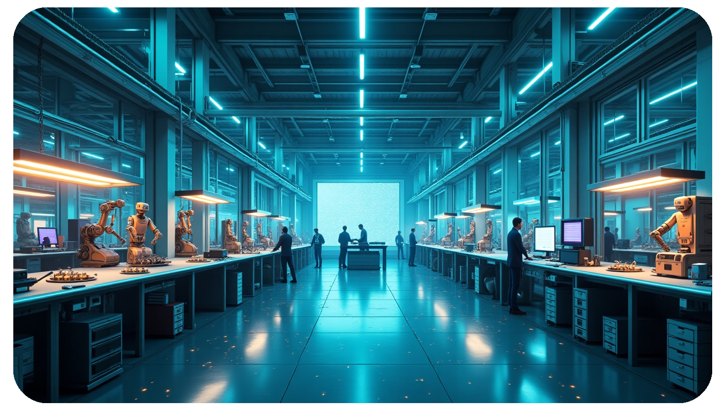 Businesses Without AI Won’t Just Fall Behind—They’ll Disappear 1 A futuristic smart factory where AI-driven automation is optimizing production lines in real time.