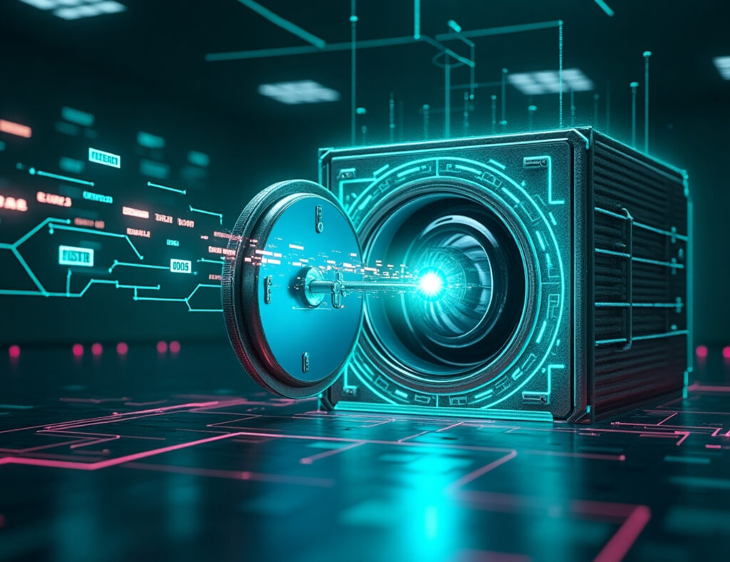 AI and Cybersecurity: A New Frontier in Data Protection 13 A futuristic scene depicting a digital battlefield, where cyber threats, symbolized as advanced AI-powered malware and evolving phishing attacks, attempt to breach a high-tech vault. The vault, representing sensitive data and financial assets, is protected by an intelligent digital lock and an AI-powered security shield that dynamically adapts to new threats in real time. The lock and shield emit a protective glow, blocking intrusion attempts with advanced algorithms. Around the vault, glowing data streams