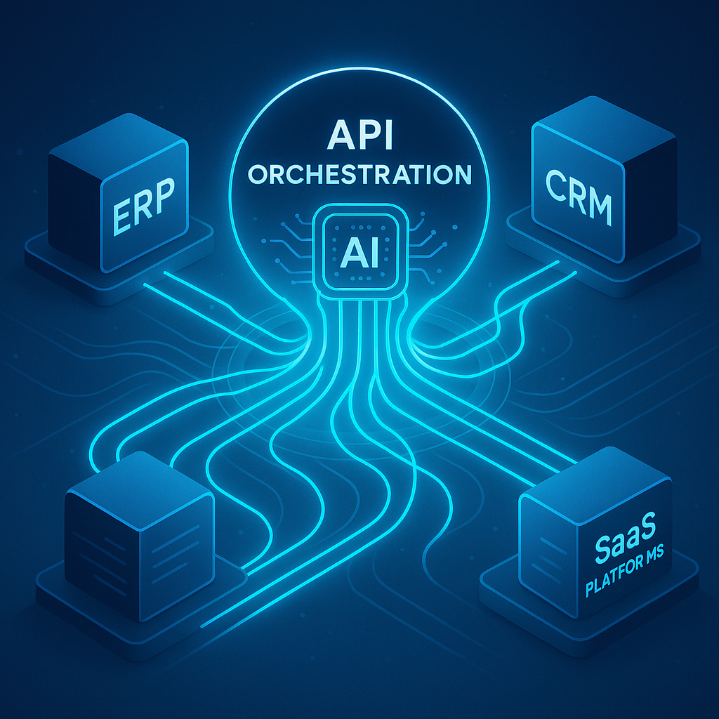 Futuristic illustration of API Orchestration & Intelligent Integrations connecting enterprise systems through AI-powered data flows, symbolizing automation and real-time connectivity.