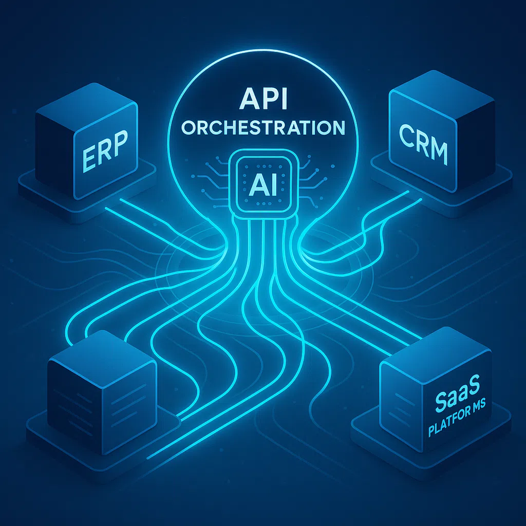 Futuristic illustration of API Orchestration & Intelligent Integrations connecting enterprise systems through AI-powered data flows, symbolizing automation and real-time connectivity.