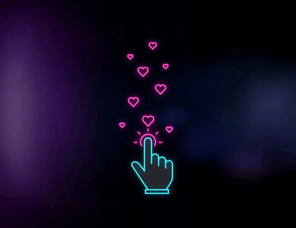 Neon illustration of a digital hand clicking and releasing glowing pink hearts, symbolizing AI in Customer Experience and emotional user engagement.