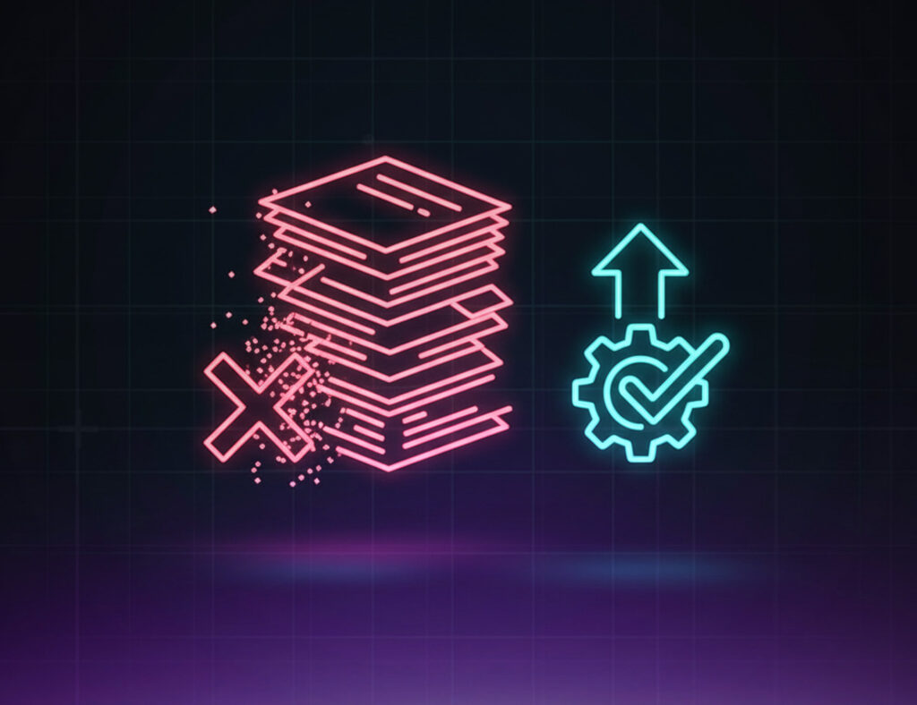 Neon illustration showing automation replacing paperwork — glowing pink stacks of documents with an “X” dissolving on the left, and a blue gear with an upward arrow and check mark on the right, symbolizing efficiency through AI in healthcare operations.