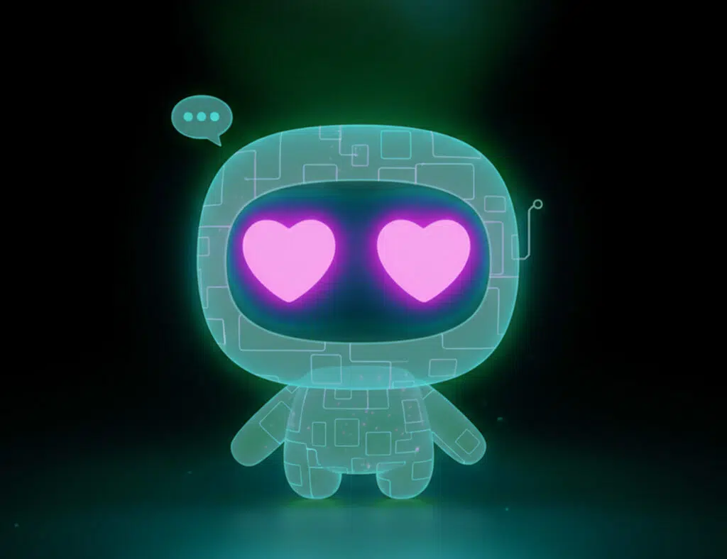A cute futuristic robot glowing in neon tones with pink heart-shaped eyes, symbolizing Emotional Intelligence in AI and empathy-driven technology.