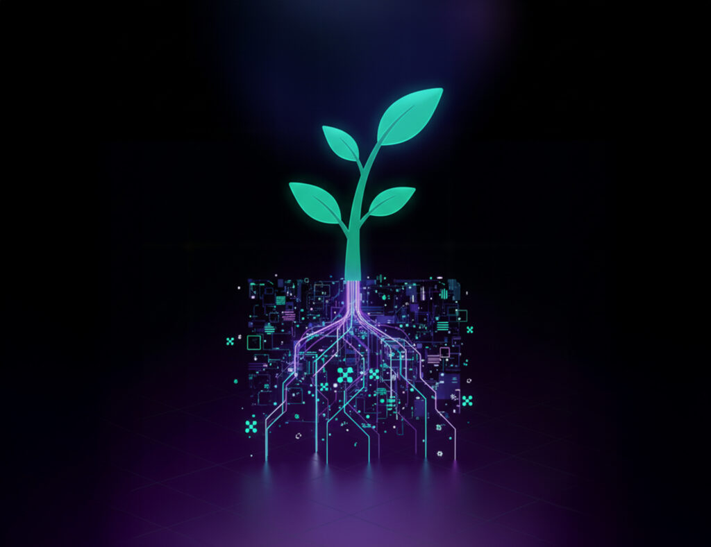 Digital illustration representing AI Sustainability — a green plant growing from illuminated electronic circuits, symbolizing how artificial intelligence supports environmental growth and sustainable technology.