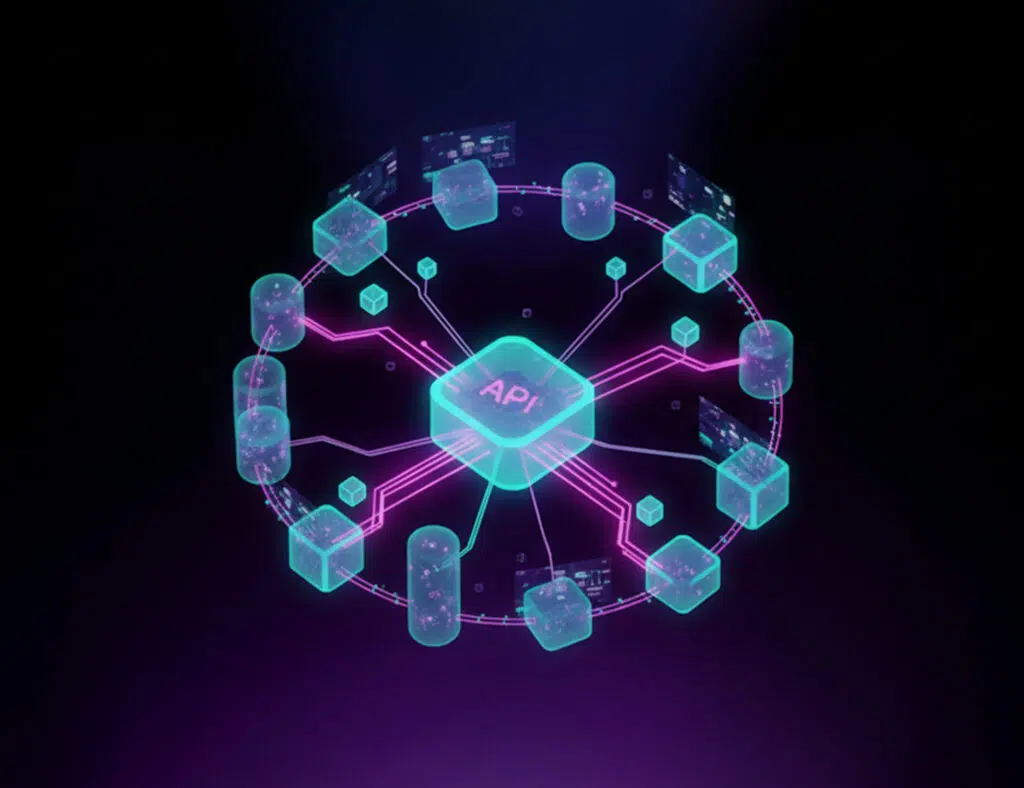 3D digital illustration of API Orchestration & Intelligent Integrations showing interconnected data cubes and systems linked to a central API hub glowing with neon lines, representing automation and smart connectivity in modern business processes.