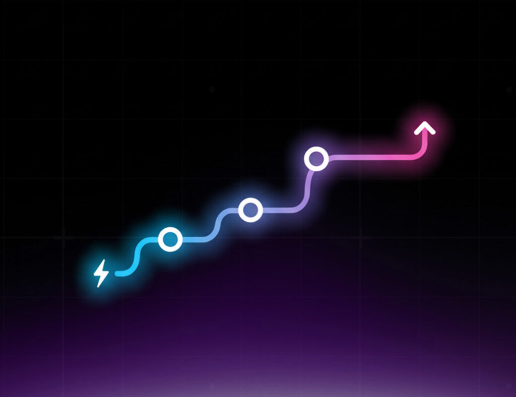 Colorful glowing path with connected nodes and upward arrow symbolizing progress and efficiency, representing AI Workflow Automation and process optimization in business operations.