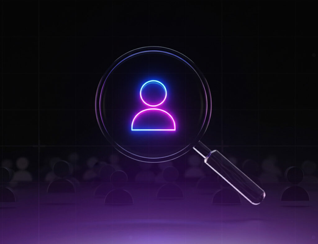 Magnifying glass highlighting a neon human icon on a dark background, representing talent search and innovation in recruitment with AI in HR evolution.