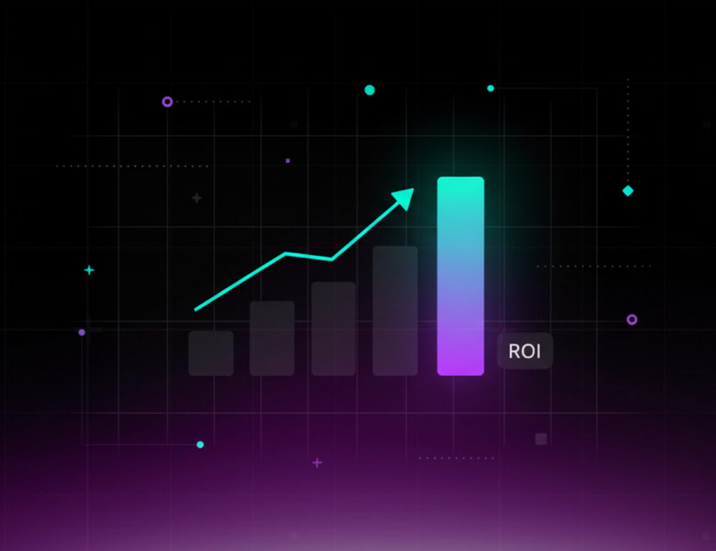 Gradient bar chart with upward arrow representing ROI growth, symbolizing the impact of Intelligent Automation on business performance and profitability.