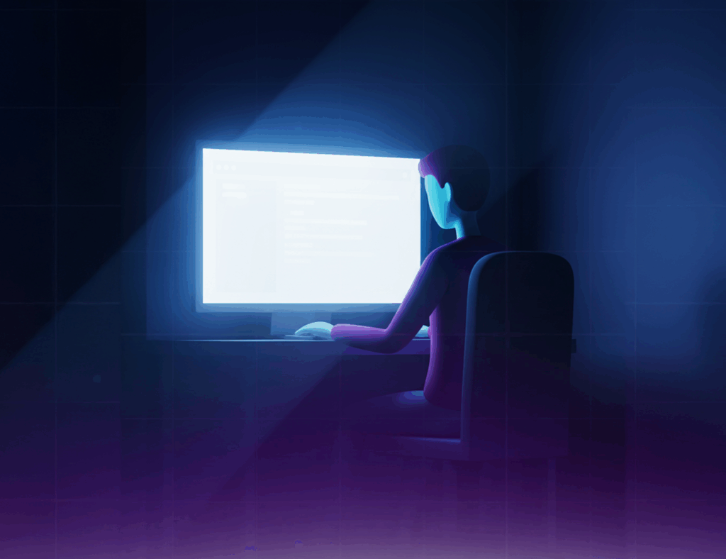 Illustration of developer burnout showing a tired programmer working late at a glowing computer screen, symbolizing stress and overwork in tech teams.