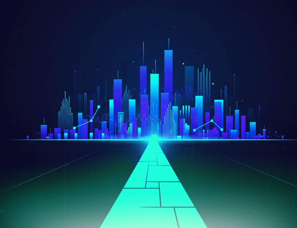 Futuristic digital cityscape made of glowing data bars and charts with a bright pathway leading forward, representing the future of tech skills and innovation.