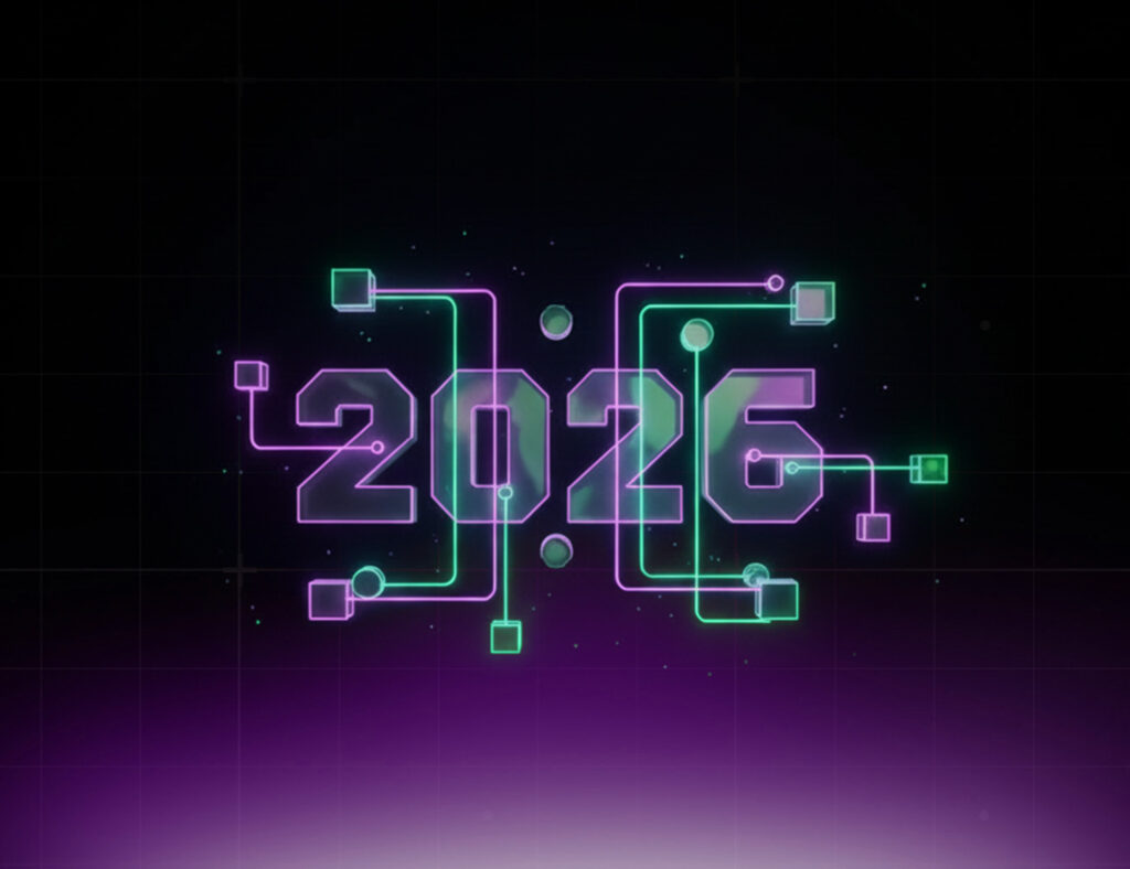 Automation in 2026 illustrated by the number 2026 in a futuristic neon design, with digital circuit lines and connected nodes on a dark background, representing advanced automation, technology, and future connectivity