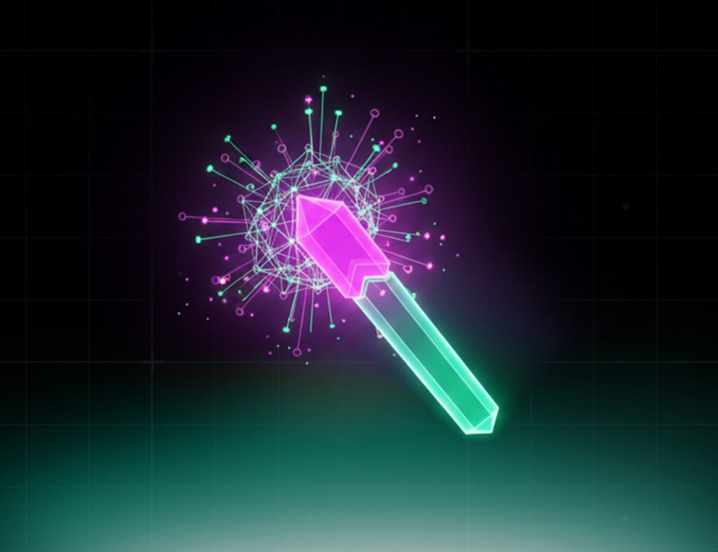 Neon illustration of a geometric magnifying glass analyzing a spherical network of interconnected nodes, representing AI-Native Development and advanced AI-driven software engineering