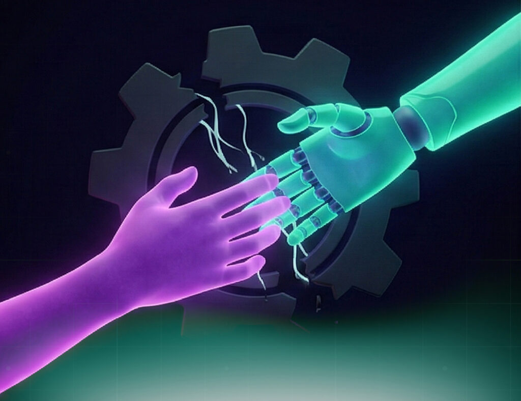 Human hand connecting with robotic hand, symbolizing collaboration and debunking AI automation myths.