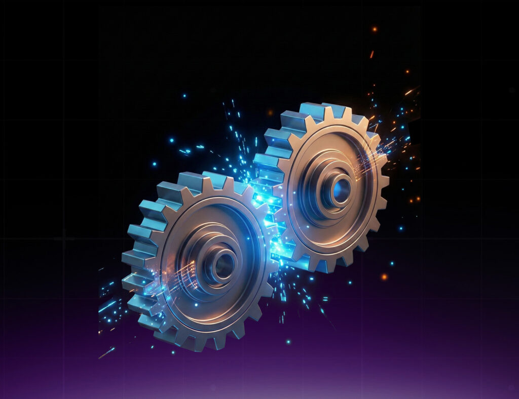Tasks to Automate illustrated by two interconnected metallic gears emitting blue and orange sparks, symbolizing automated processes, efficiency, and workflow optimization in a digital environment.
