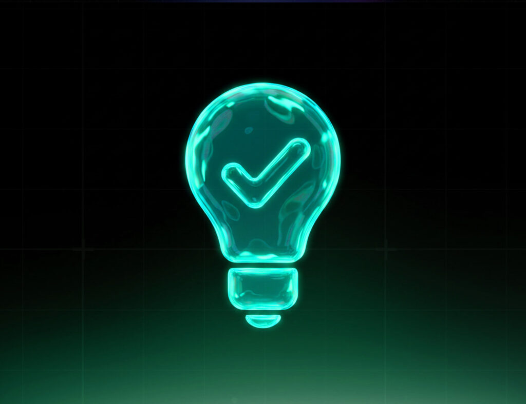 AI Proof of Concept represented by a translucent digital light bulb with a checkmark inside, glowing in green and turquoise tones on a dark, futuristic background, symbolizing validation, innovation, and risk-free AI adoption.