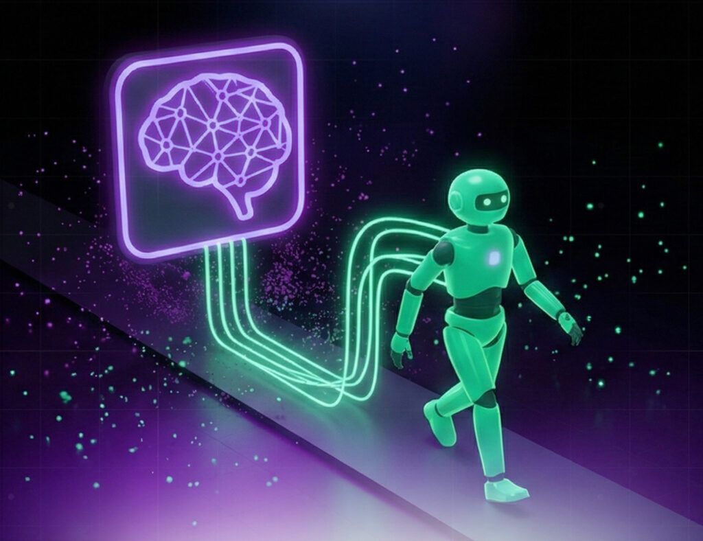 Futuristic illustration of a humanoid robot walking while connected by glowing green cables to a purple digital brain icon, representing artificial intelligence and Autonomous Agents in a vibrant tech environment.