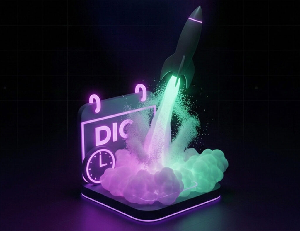 Illustration for ‘Why December Is the Best Moment to Start an AI Pilot’: a neon-style rocket launching from a glowing calendar marked December, symbolizing the start of an AI pilot project