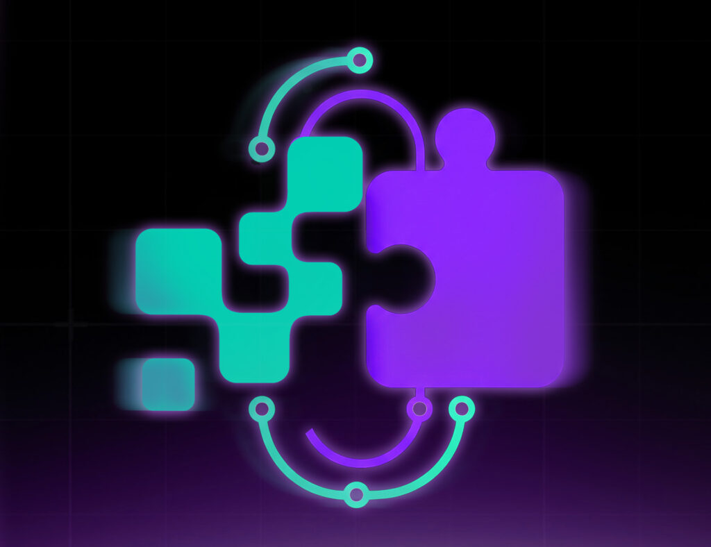 Abstract illustration of connected puzzle pieces and flow lines in purple and green, symbolizing collaboration and process on how to work with a software development company.