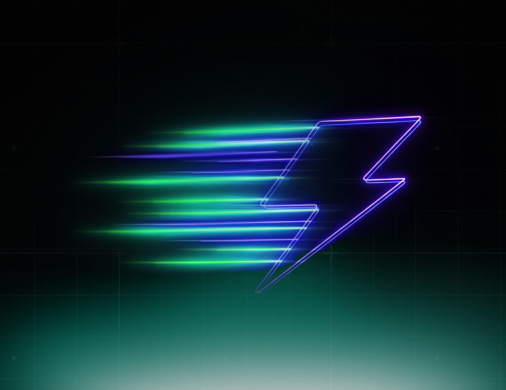 Abstract neon lightning bolt symbolizing speed vs direction in digital and AI-driven transformation, highlighting momentum without strategic alignment.