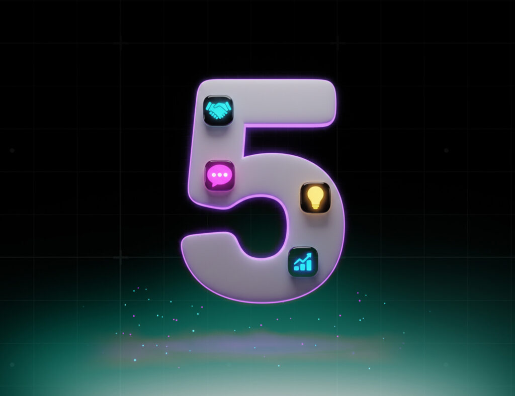 3D number 5 with a neon glow on a dark background, featuring handshake, chat, lightbulb, and upward graph icons, representing automation for business growth.