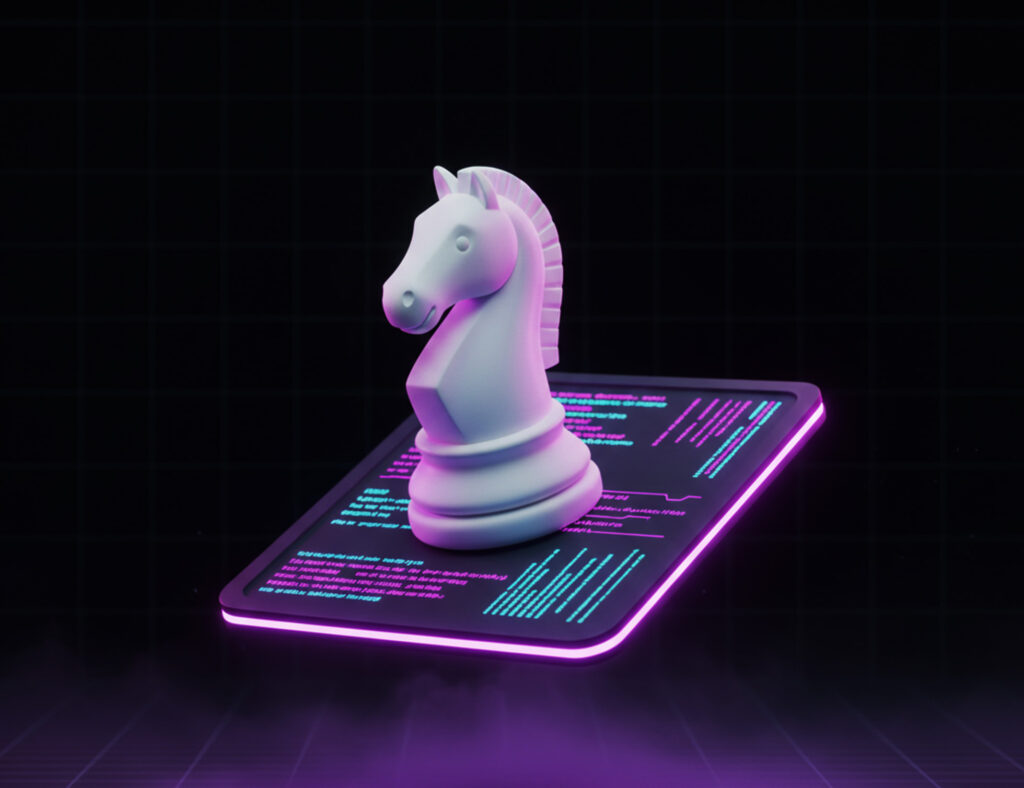 3D illustration of a white chess knight standing on a tablet displaying code with neon lighting, representing a modern and strategic AI implementation strategy.