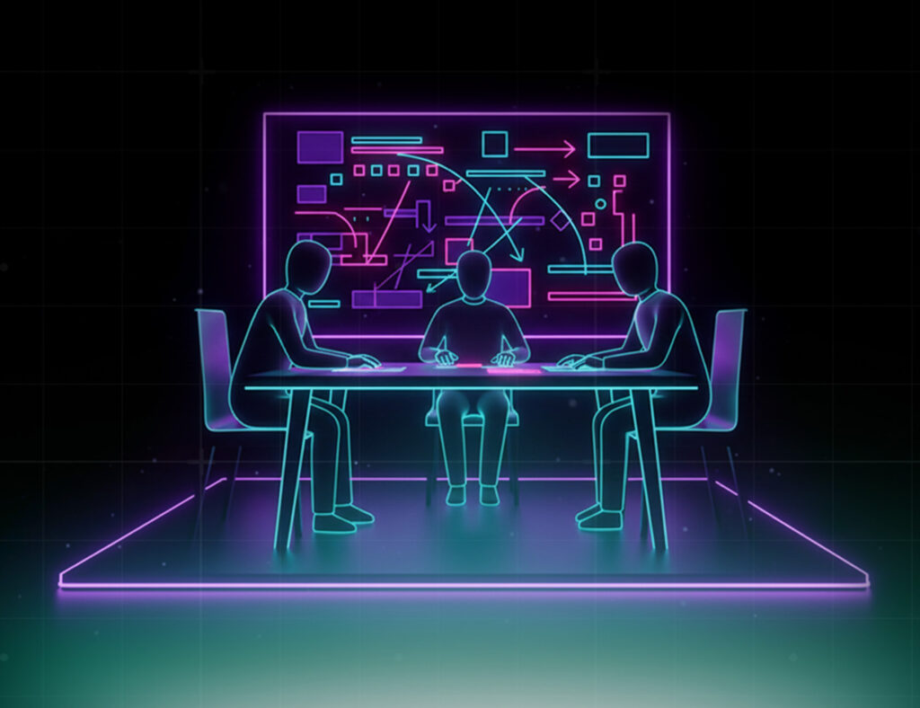 Clarity as a Competitive Advantage in Modern Software: team collaborating around a digital strategy board with workflows, systems, and AI-driven processes.