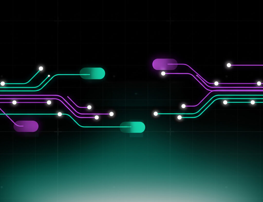 Hyperautomation strategy concept with interconnected AI-driven workflows and enterprise automation network visualization on dark digital interface background