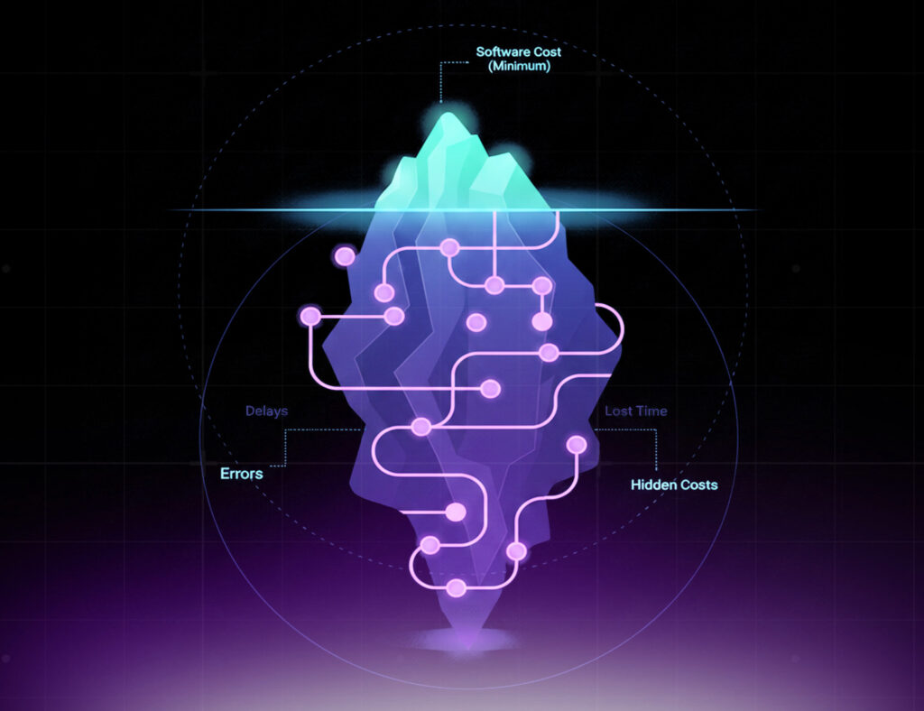 Cost of manual processes illustrated as an iceberg with visible software costs above water and hidden costs like delays, errors, and lost time below the surface.