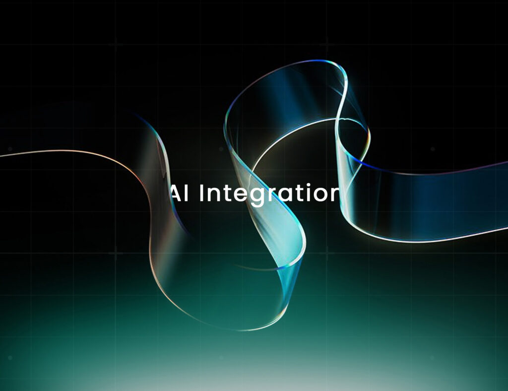 AI Integration illustrated by flowing, luminous abstract shapes over a dark grid background, symbolizing connection and the seamless flow of advanced technologies.