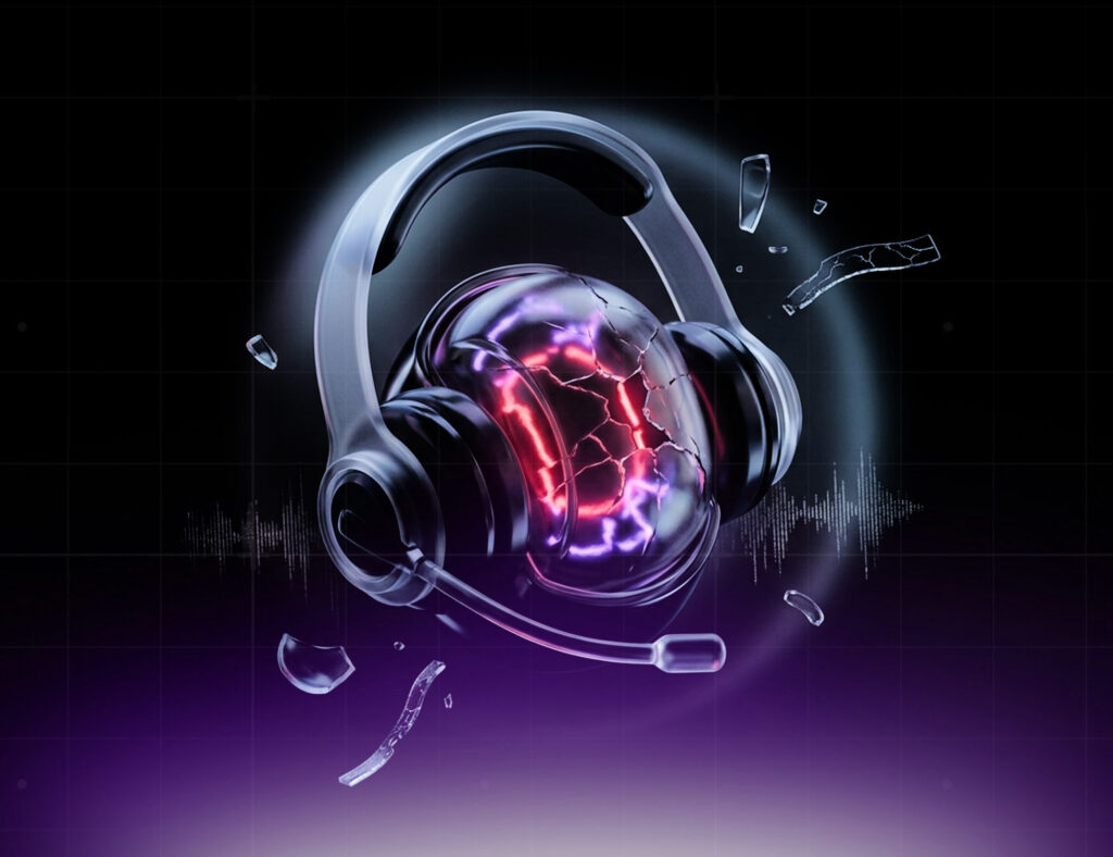 Alt text: "Cracked glowing sphere wearing a customer service headset with shattered glass fragments flying outward, symbolizing the hidden failures of AI Customer Service — dark background with purple and red neon light effects