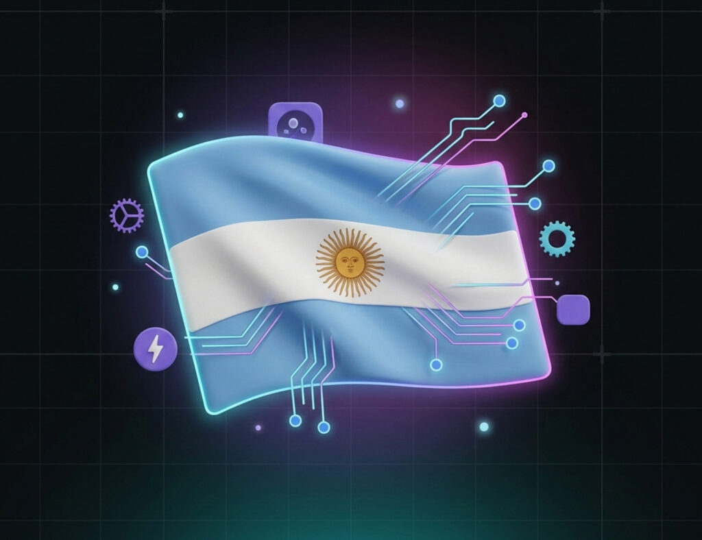 Argentina flag integrated with digital circuits and neon tech elements representing Nearshore AI Development and Argentina’s growing role in AI innovation for US companies.
