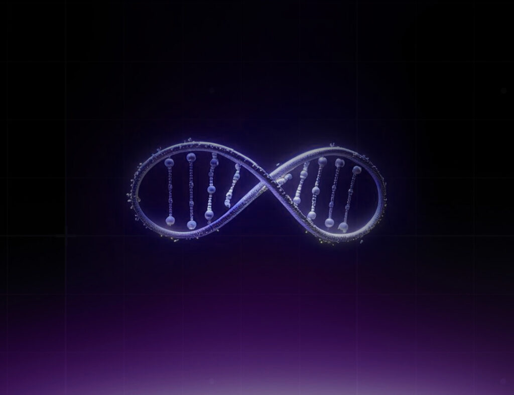 Glowing DNA double helix forming an infinity symbol representing AI in precision medicine and continuous innovation in personalized healthcare