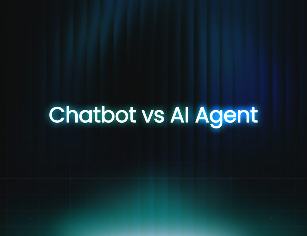 Futuristic digital background with glowing blue tones and vertical light beams, featuring the title ‘Chatbot vs AI Agent’ in bright text, representing the comparison between chatbot vs AI agent technologies.