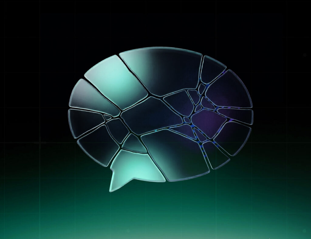 Customer Service Automation depicted as a fragmented digital speech bubble made of glowing blue and green shards on a dark grid background, symbolizing a broken or evolving automated customer support system.