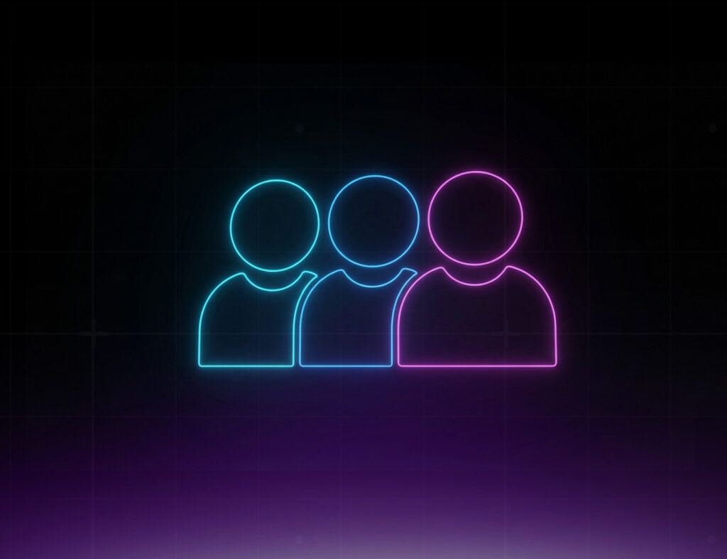 Neon illustration of a team of three people representing USA staff augmentation services and scalable tech talent solutions