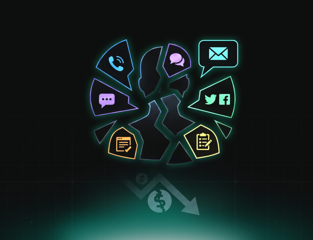 Illustration of fragmented customer conversations showing a divided human silhouette surrounded by disconnected communication channels like phone, chat, email, social media, and forms, with a downward arrow indicating negative business impact.