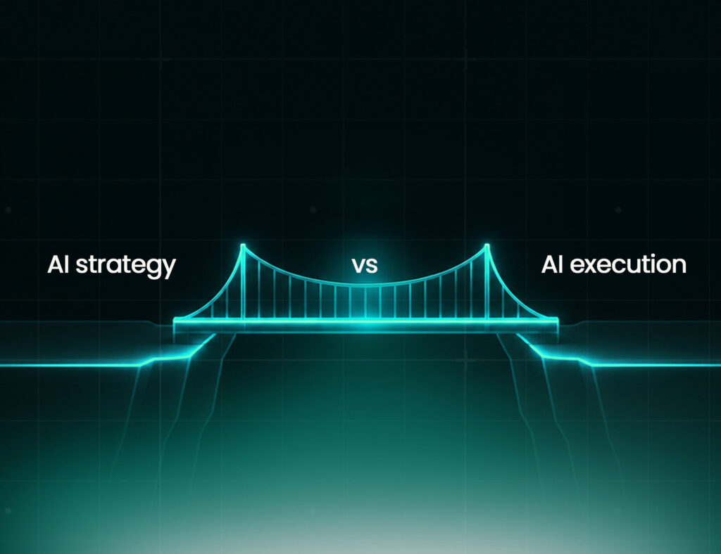 Neon-style digital illustration of a glowing bridge connecting two sides labeled “AI strategy” and “AI execution,” with “vs” in the center, representing the gap between planning and implementation in AI strategy vs AI execution.