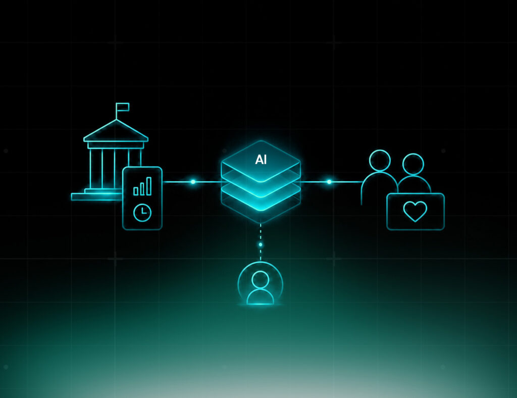 AI in public services connecting government systems, citizen data, and human-centered support through a digital public service network.