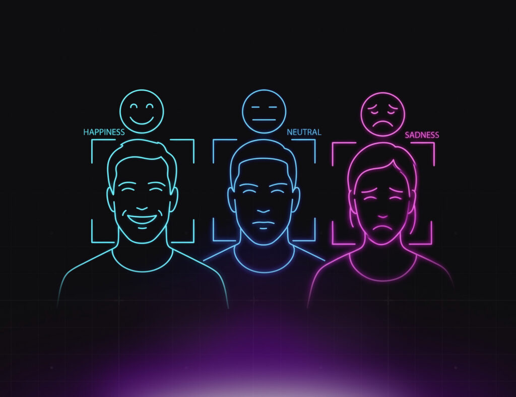 AI student engagement concept showing three neon-outlined faces with facial recognition frames expressing happiness, neutral, and sadness emotions, representing emotion detection technology in students.